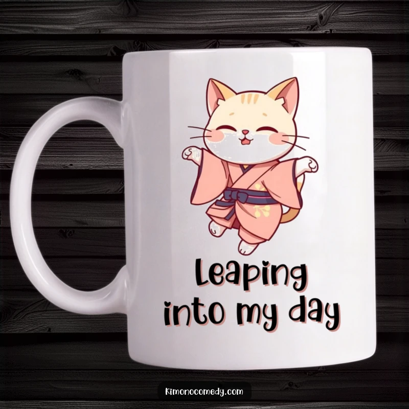 Funny cat leap mug showing a kawaii cat in elegant kimono attire performing a graceful, dynamic leap with poise.