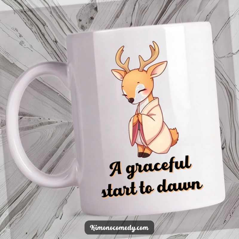 Funny ceramic mug depicting a serene deer adorned in a delicate silk kimono, performing a graceful, respectful bow.