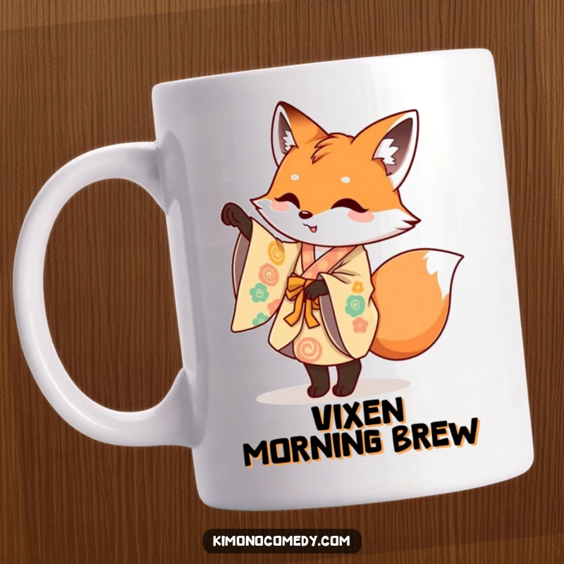 Funny mug featuring a mischievous fox in a colorful kimono performing a playful pirouette, showcasing artistic and whimsical humor.