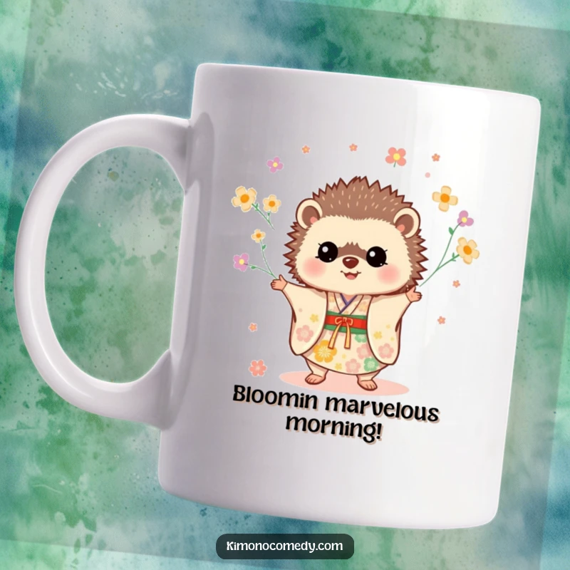 Funny Hedgehog Kimono Mug featuring a cheerful hedgehog in a festive kimono juggling small flowers with skill.