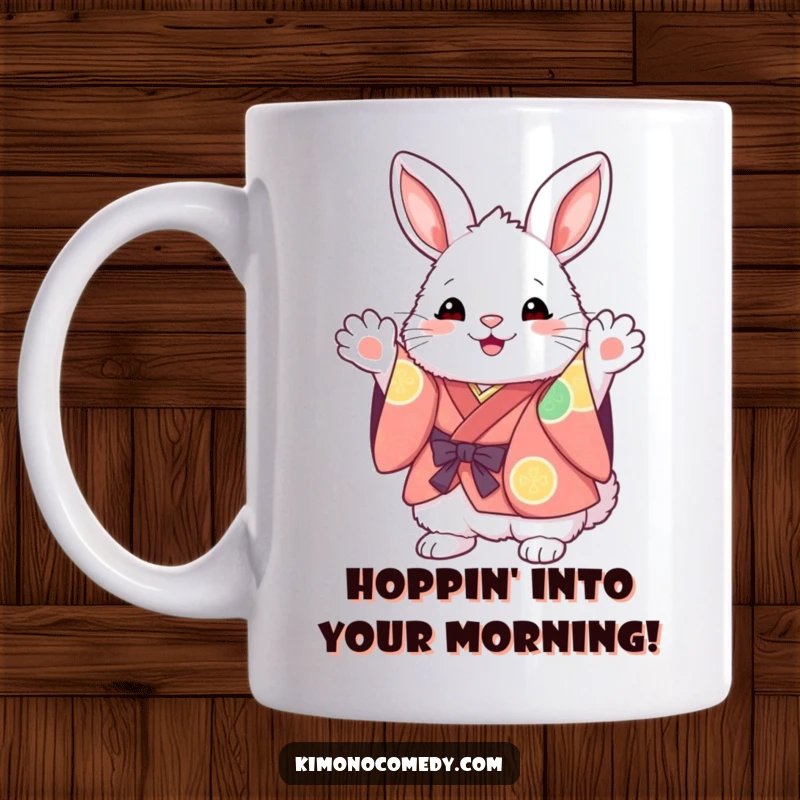 Funny Kawaii Bunny Mug: Fluffy character in a vibrant kimono, excitedly waving paws, spreading happiness with a cheerful expression.