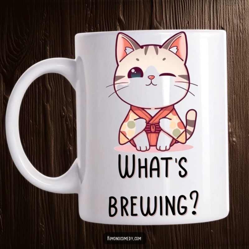 Funny Kawaii cat mug, wearing a whimsical kimono, tipping its head with a curious expression, cute and humorous feline intrigue.