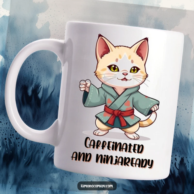 Funny Kawaii Cat Mug: Playful character in a colorful kimono, striking a dynamic ninja pose, ready for action and fun.