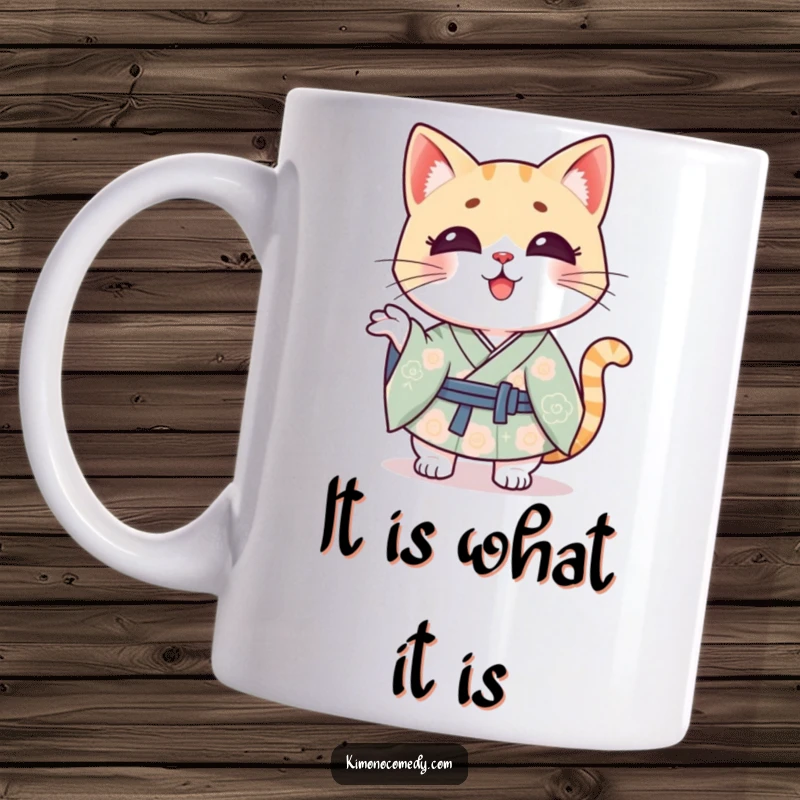 Funny Kawaii cat wearing a patterned kimono, shrugging playfully, expressing a carefree attitude, perfect for a mug gift.