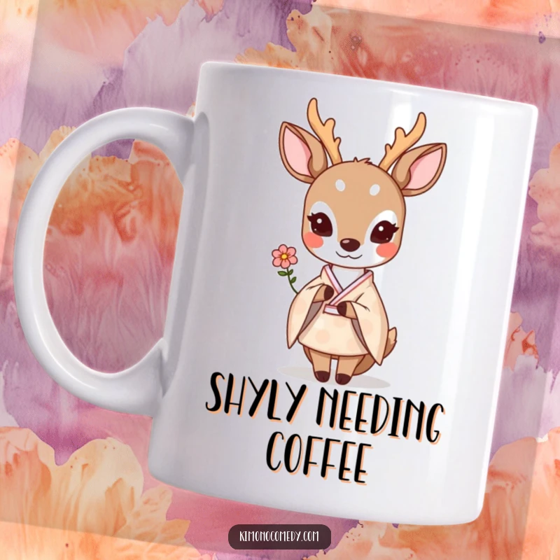 Funny shy kawaii deer in a pastel kimono, offering a small flower shyly, on a delicate mug.