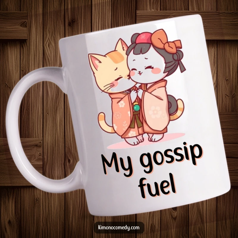 Funny Kawaii cat in a kimono whispering a secret to a friend, adorable and humorous illustration for a mug.