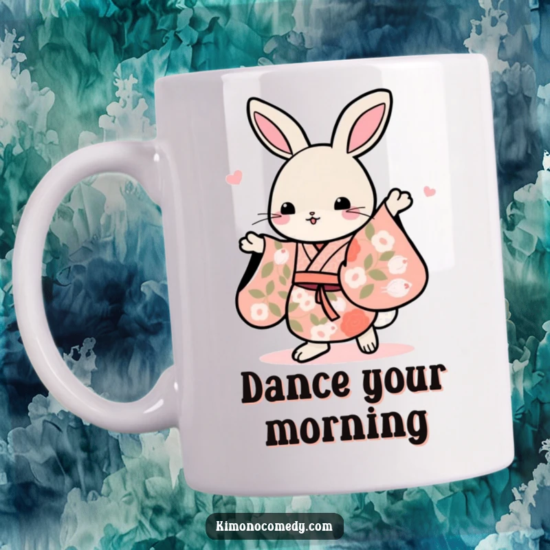 Funny Kawaii rabbit in a floral kimono, dancing gracefully with a cheerful expression, bringing joy to this mug.