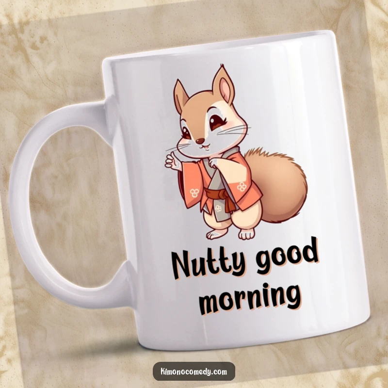 Funny kawaii squirrel in a stylish kimono striking a pose on a mug, exuding confidence and humor.