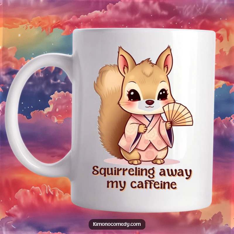 Funny Kawaii Squirrel Mug: Curious character in a patterned kimono, holding a delicate fan, exuding charm and inquisitiveness.