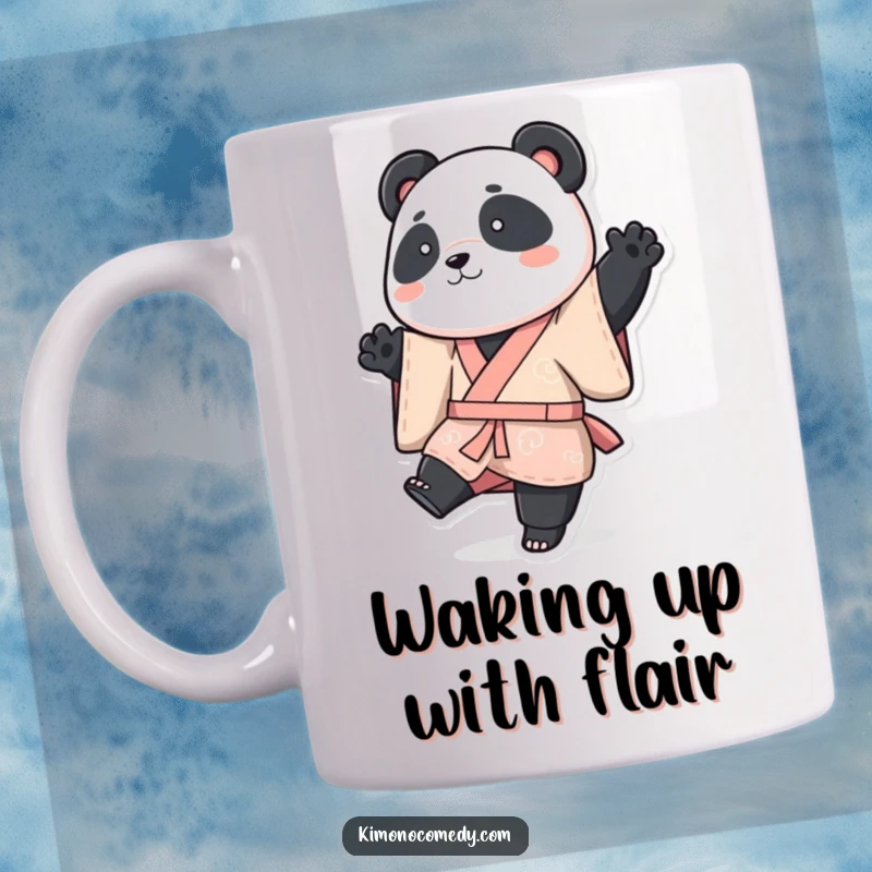 Funny panda mug, a panda in a vibrant kimono playfully posing with one leg raised, perfect funny gift.