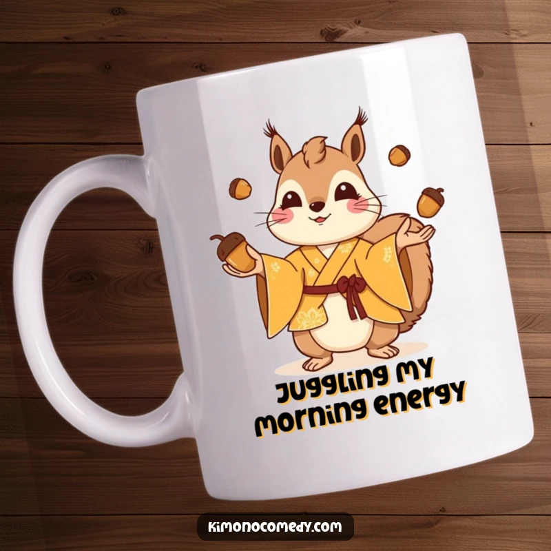 Funny playful squirrel wearing a bright kimono juggling tiny acorns, cute cartoon character, cheerful design mug, perfect fun gift.