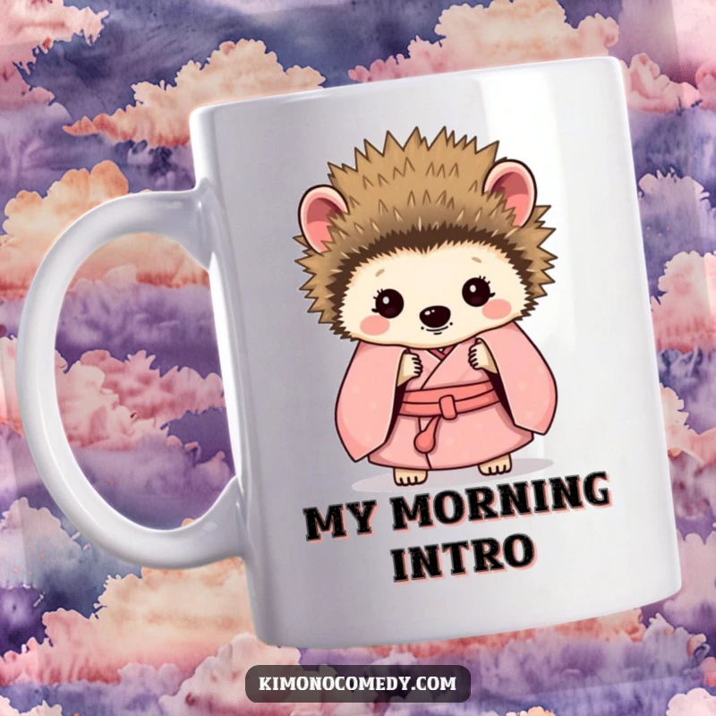 Funny Hedgehog Kimono Mug: A shy hedgehog peeking from behind its quills, conveying a relatable and humorous sense of introversion.
