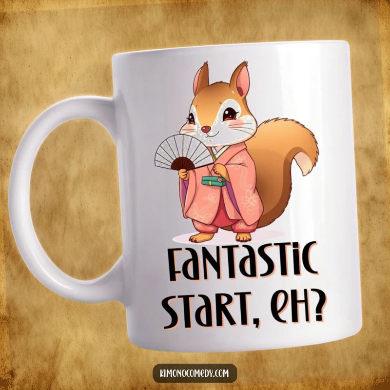 Funny Squirrel Kimono Mug featuring a cute squirrel in a vibrant kimono holding a delicate fan, exuding playful elegance.