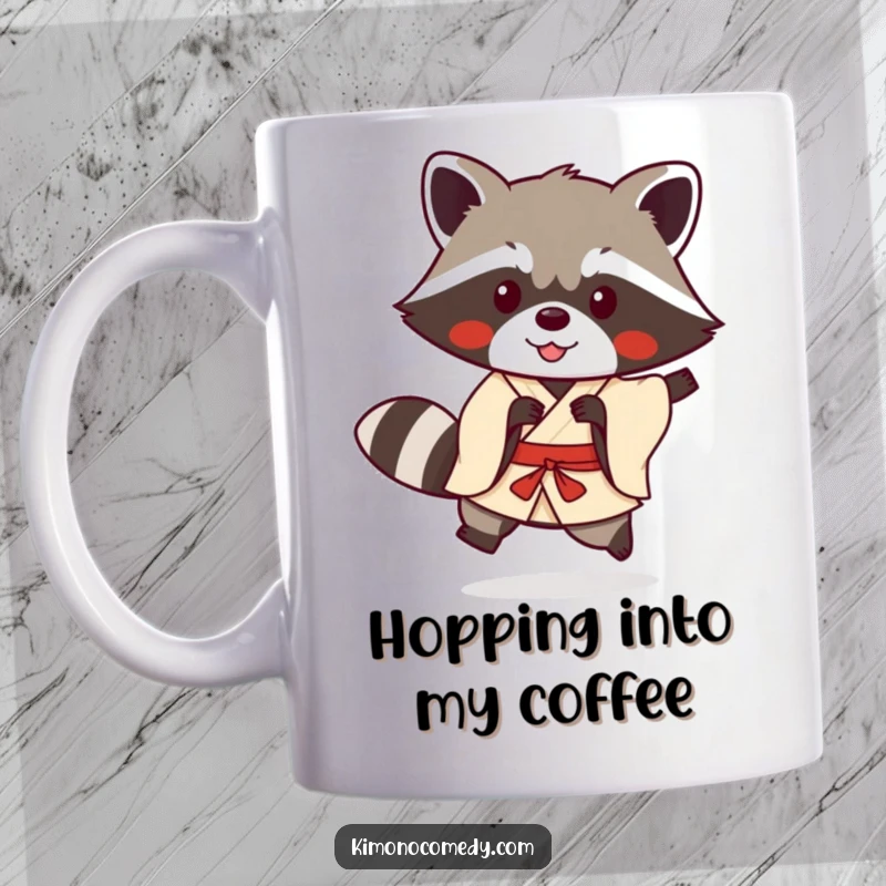 Funny kawaii raccoon in a simple kimono doing a playful hop on a mug, radiating joy and humor.