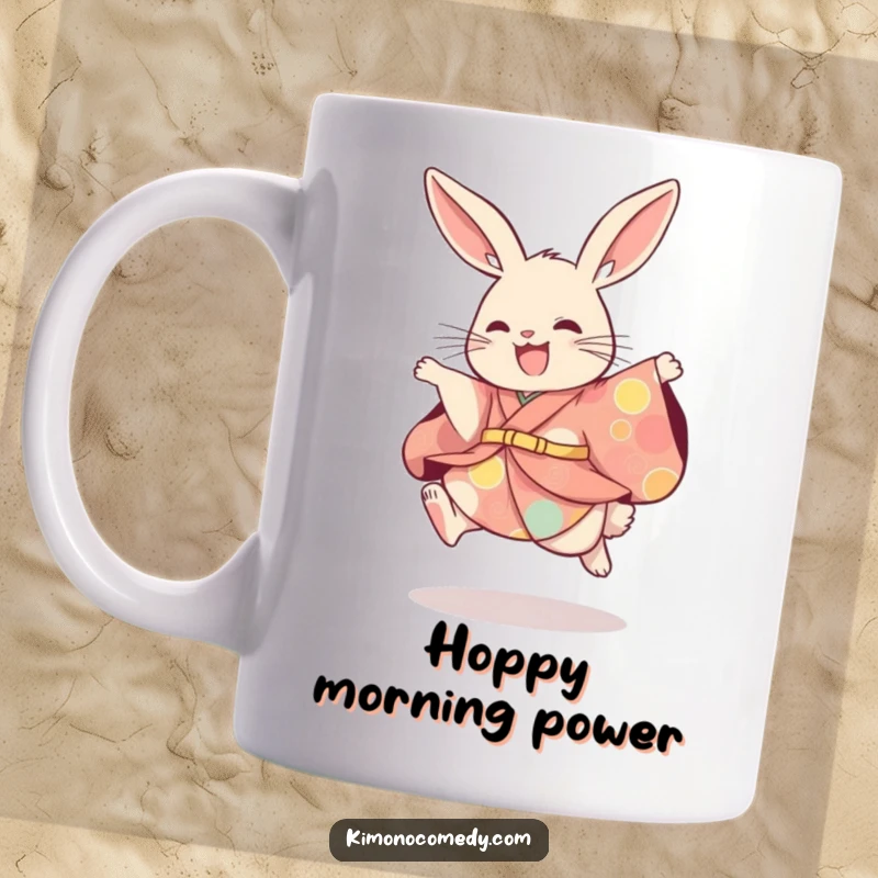 Funny rabbit wearing a colorful kimono, playfully leaping with joy. A whimsical and energetic design for a delightful mug.