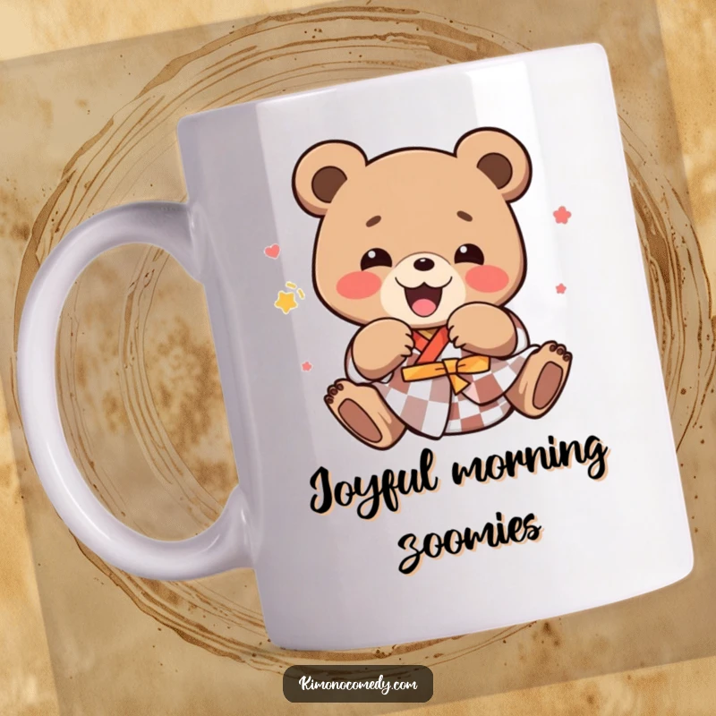 Funny kawaii bear in a checkered kimono, joyfully tumbling with excitement, on a ceramic mug, perfect for gifts.