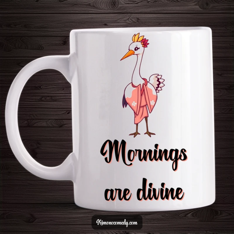 Funny mug showcasing a cute kawaii crane in an elegant kimono, performing a graceful bow with a flourish, exuding charm and humor.