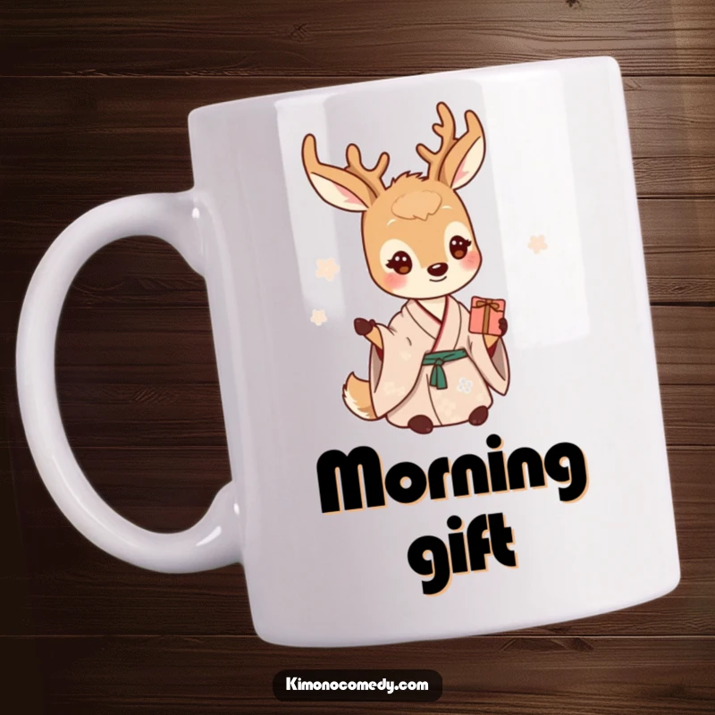 Funny deer mug depicting a gentle creature in a serene kimono, offering a small gift with a warm, inviting smile.