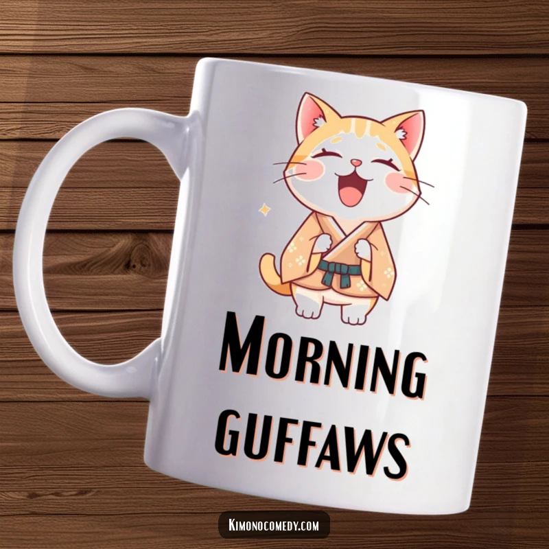 Funny Kawaii cat mug, wearing a formal kimono, captured mid-laughter with a joyful expression, cute and humorous feline art.