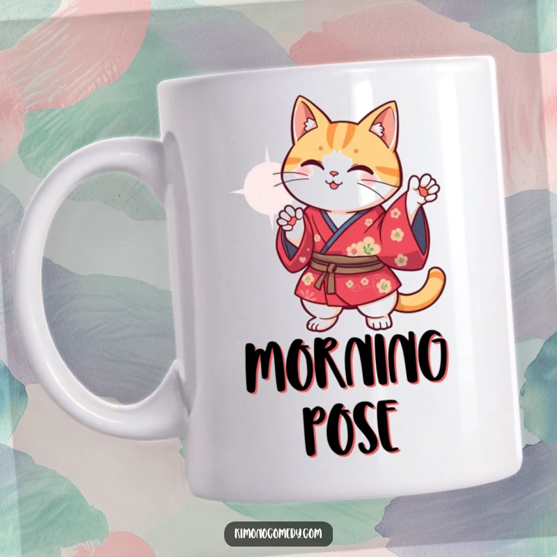 Funny Kawaii cat in a vibrant kimono striking a hilarious pose, joyful and humorous illustration for a mug.