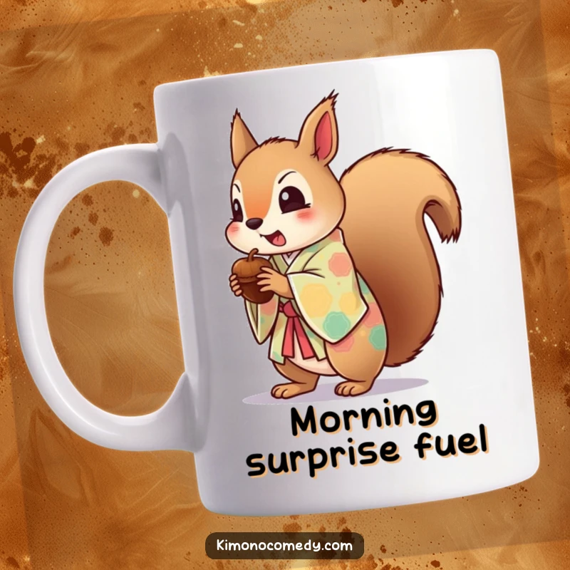 Funny mug showcasing a cute kawaii squirrel with wide eyes, startled expression, dropping an acorn while wearing a brightly colored kimono.