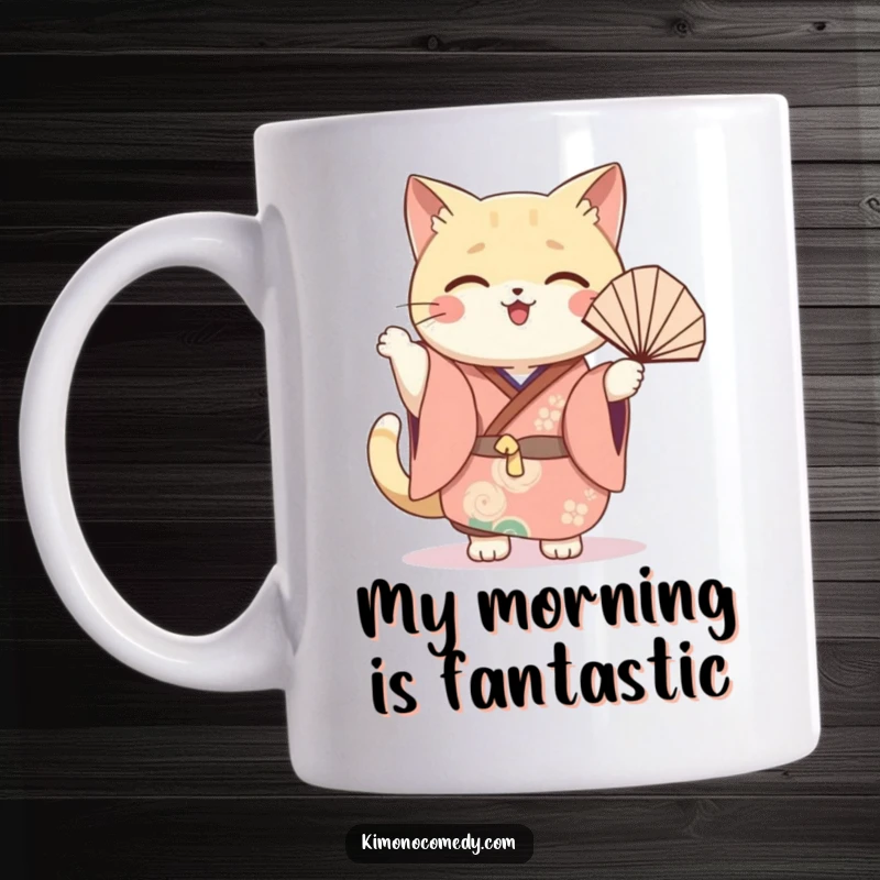 Funny cat fan mug with a kawaii cat in a festive kimono joyfully waving a decorative fan, radiating happiness.