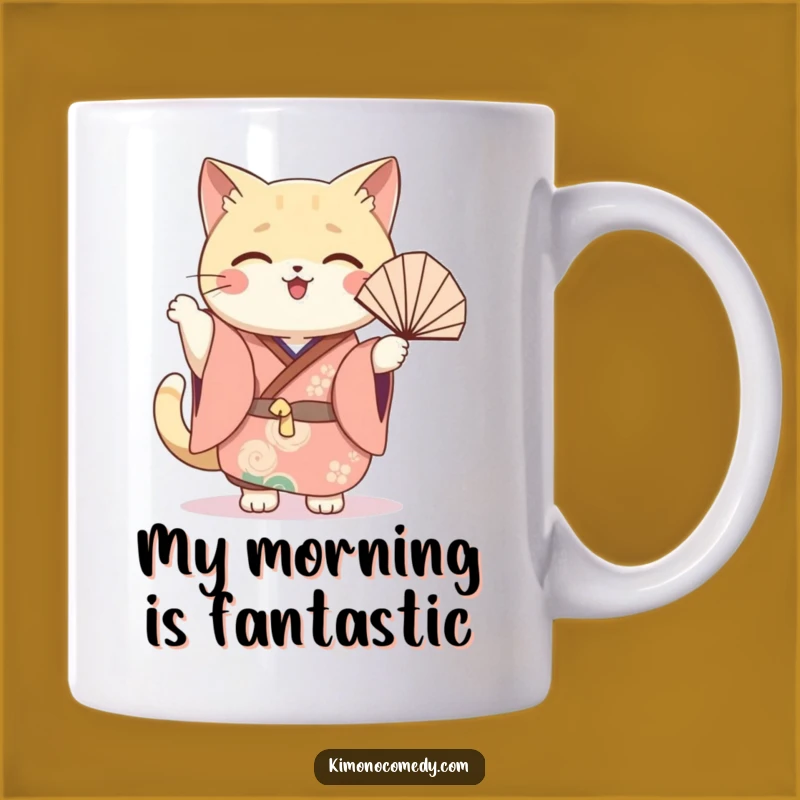 Funny Cat Fan Mug: Kawaii Festive Cat Gift, Joyful Waving Coffee Cup