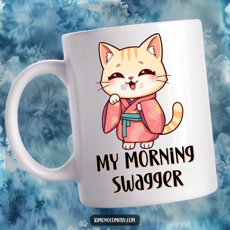 Funny Kawaii cat mug, wearing a vibrant kimono, striking a comical and playful pose, cute and humorous feline art.