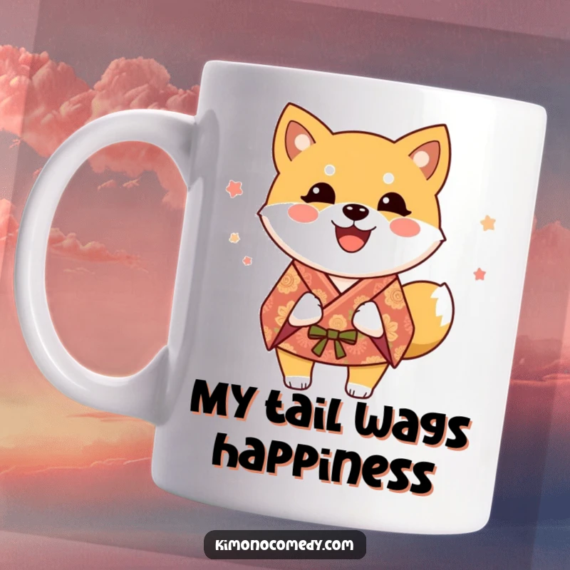 Funny Shiba Inu Mug: A happy dog in a festive kimono joyfully wags its tail, exuding pure canine happiness.