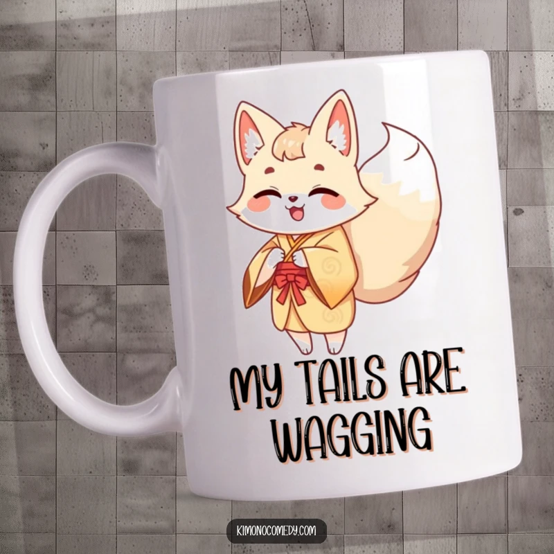 Funny Kawaii Kitsune Mug: A giggling, multi-tailed fox in a kimono happily wags its tails, embodying pure joy and humor.