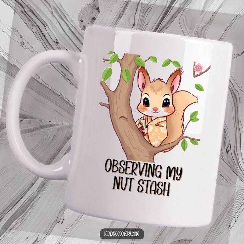 Funny mug showcasing a curious squirrel dressed in a patterned kimono, peeking playfully from a tree branch.