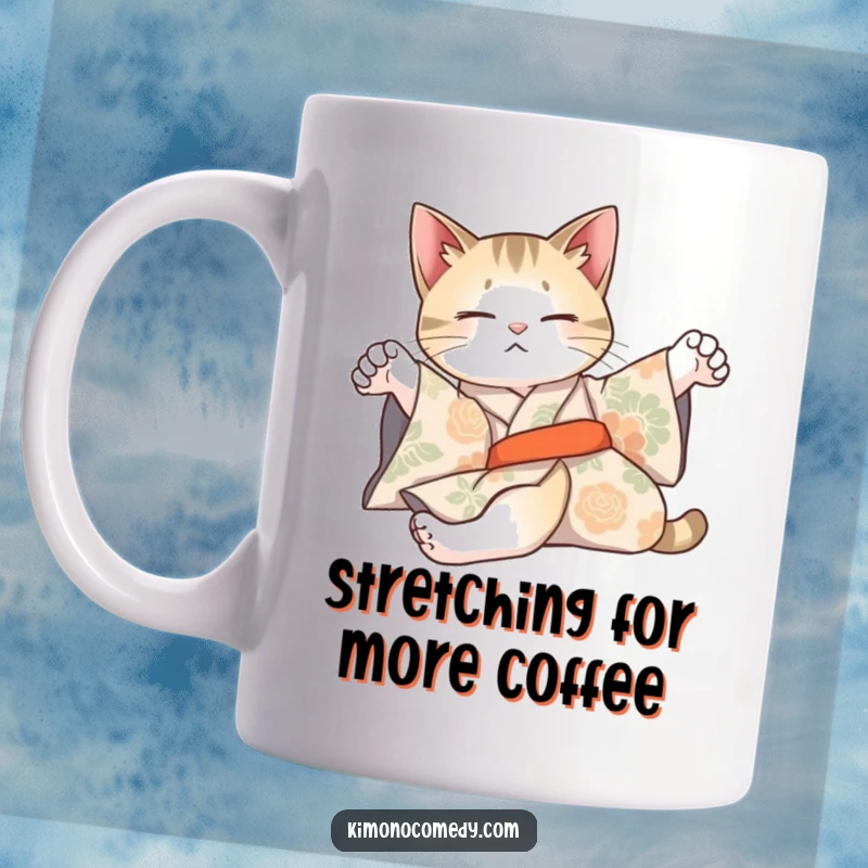 Funny mug featuring an artistic cat in a patterned kimono, elegantly stretching with a lazy, relaxed pose.
