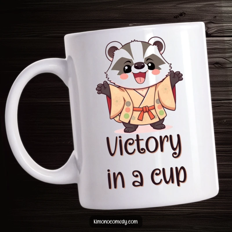 Funny Kawaii Badger Mug: A delighted badger in a kimono strikes a triumphant pose with a proud smile, exuding success and humor.