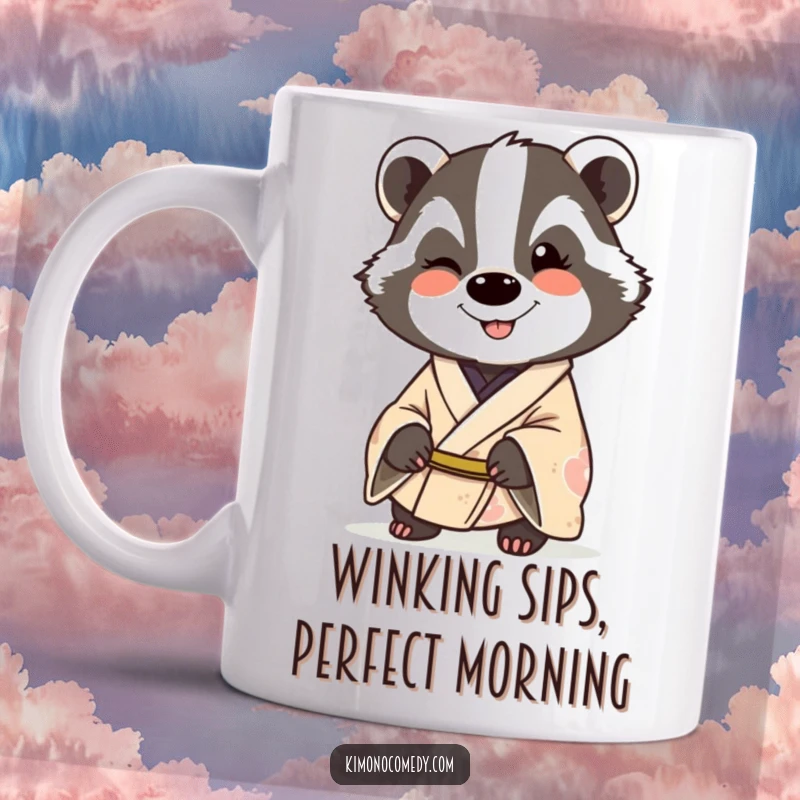 Funny smiling badger in a kimono, giving a cheeky wink on a mug, embodying playful mischief and humor.