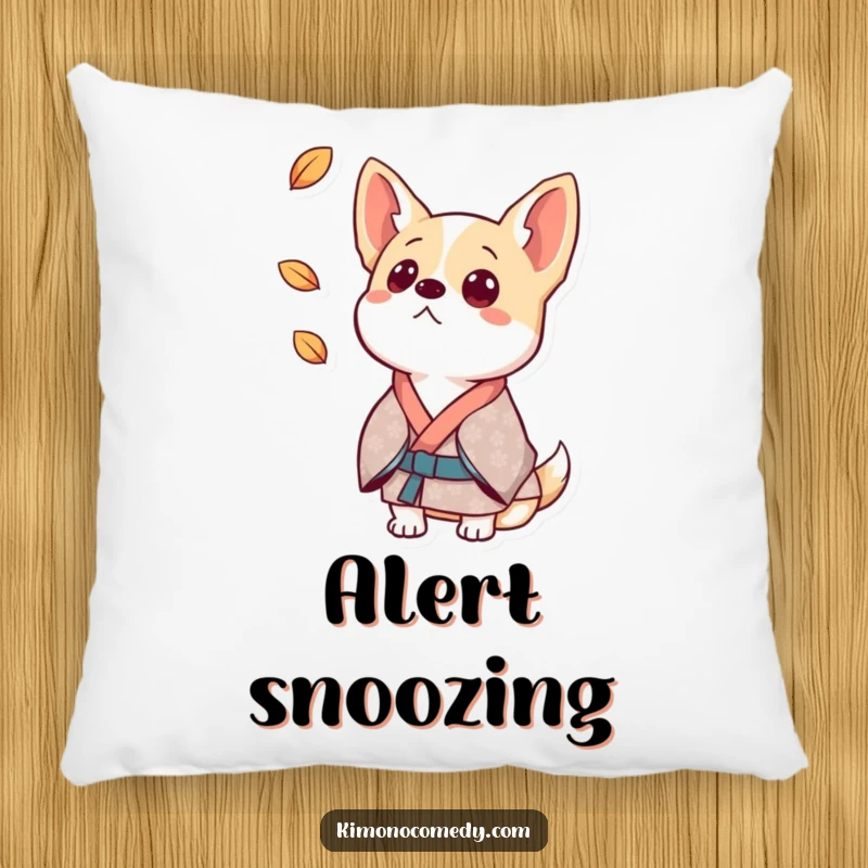 Funny dog pillow featuring a surprised dog in a patterned kimono, ears attentive to a falling leaf.
