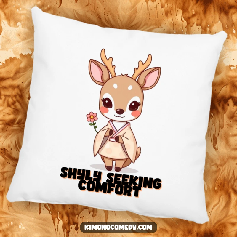 Funny shy kawaii deer in a pastel kimono, offering a small flower shyly, as a plush decorative pillow.