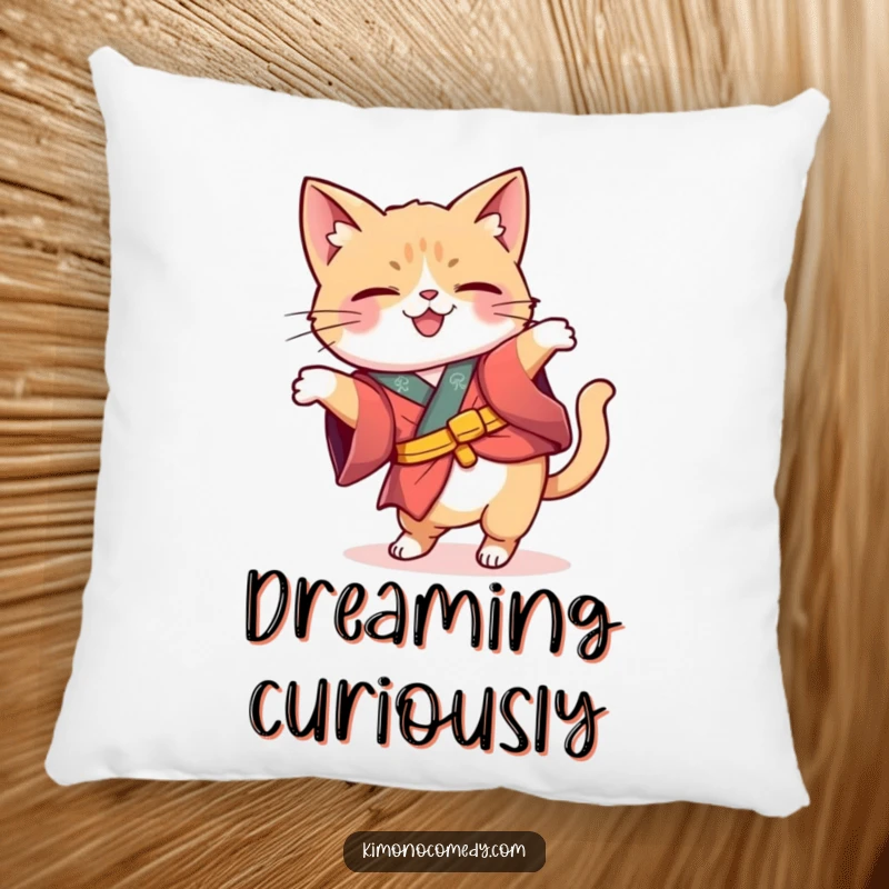 Funny Kawaii cat in a whimsical kimono tipping its head inquisitively, soft and plush decorative pillow for a thoughtful accent.