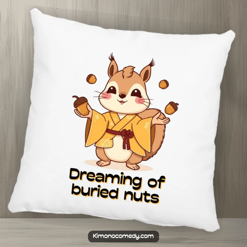 Funny squirrel in a bright kimono juggling acorns, cute decorative pillow, soft cushion, perfect humorous gift for relaxation.