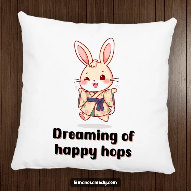 Funny decorative pillow with a cheerful rabbit in a floral kimono, joyfully hopping, designed for ultimate comfort and a dash of playful charm.