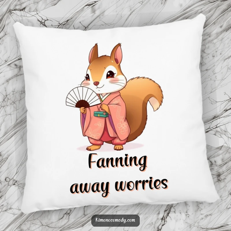 Funny Squirrel Kimono Pillow with a cute squirrel in a bright kimono and fan, offering comfort and playful decor.