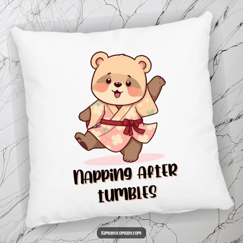 Funny decorative pillow with a playful bear cub in a vibrant kimono, doing a clumsy cartwheel, offering comfort and a touch of adorable silliness.