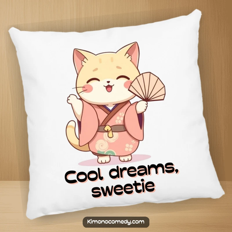 Funny cat fan pillow featuring a kawaii cat in a festive kimono, joyfully waving a fan, perfect for cozy, cheerful decor.