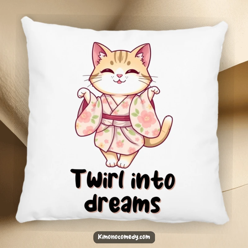 Funny cat wearing a floral kimono, depicted in a graceful, elegant twirl. A decorative and humorous pillow.