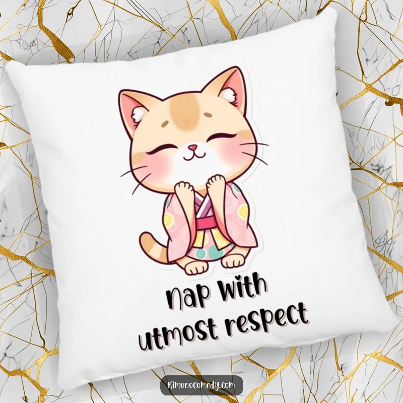 Funny cat kimono pillow featuring a kawaii cat in traditional attire, bowing politely with a smile, offering comfort and humor.