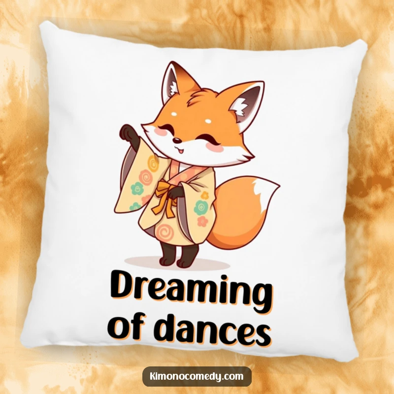 Funny pillow featuring a mischievous fox in a colorful kimono doing a playful pirouette, offering cozy and artistic decor.