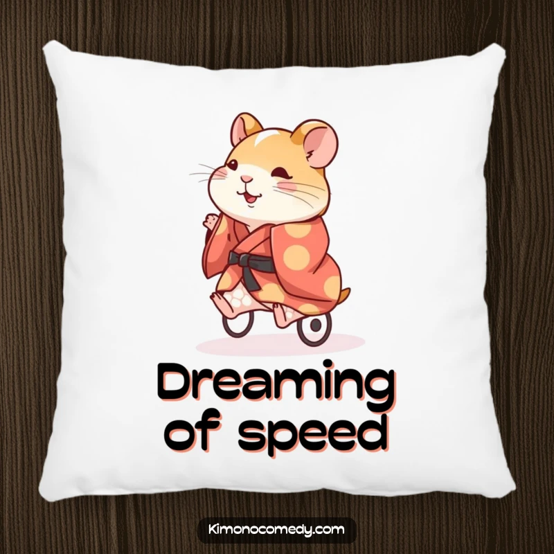 Funny Hamster Kimono Pillow: An energetic hamster in a kimono running on a wheel, a soft and funny decorative cushion.