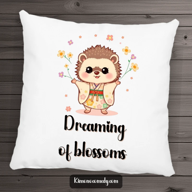 Funny Hedgehog Kimono Pillow with a cute hedgehog in a festive kimono juggling flowers, offering comfort and charm.