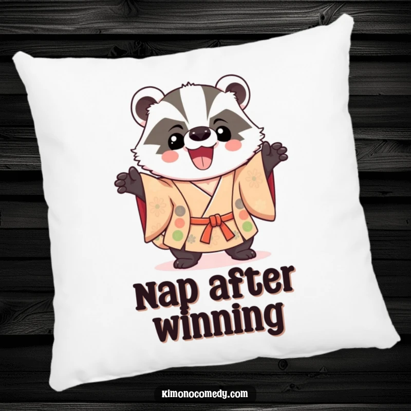 Funny Kawaii Badger Pillow: A happy badger in a kimono is posed in a triumphant stance, offering comfort and a touch of humor.