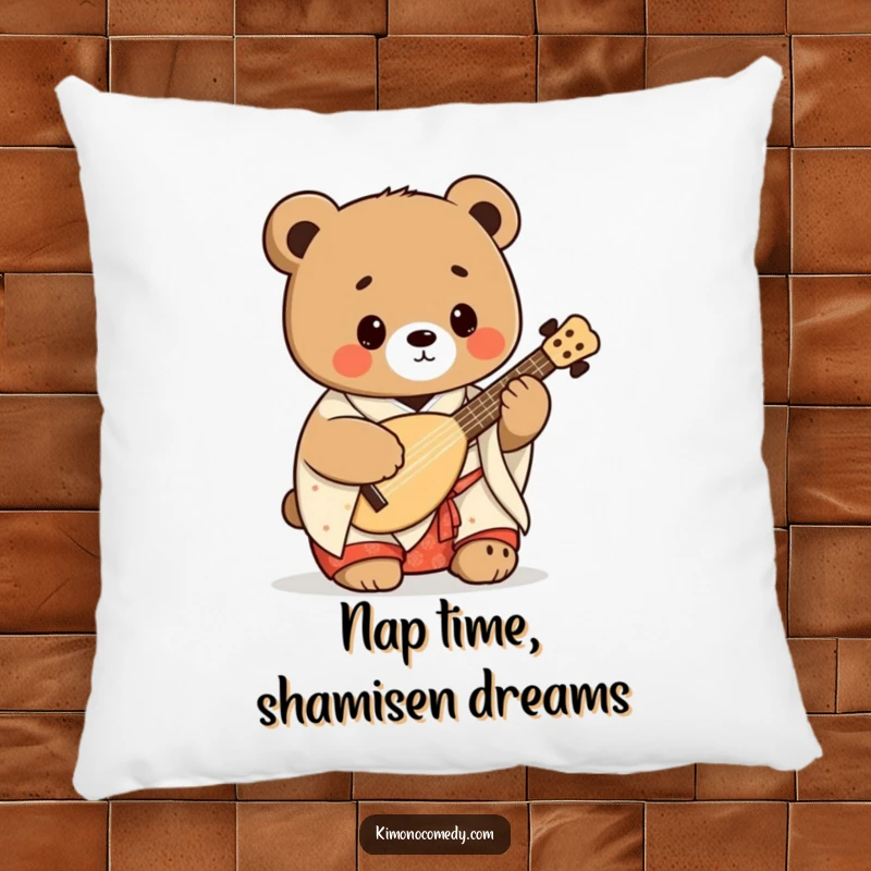 Funny kawaii bear in a kimono playing a shamisen, featured on a plush pillow, offering comfort and humorous Japanese-themed decor.
