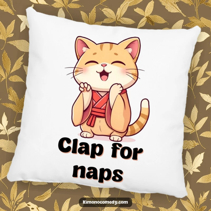Funny Kawaii cat pillow, soft cushion featuring a cat in a silk kimono clapping its paws, humorous home decor.